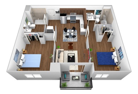 a 3d rendering of a floor plan with a bedroom and living room